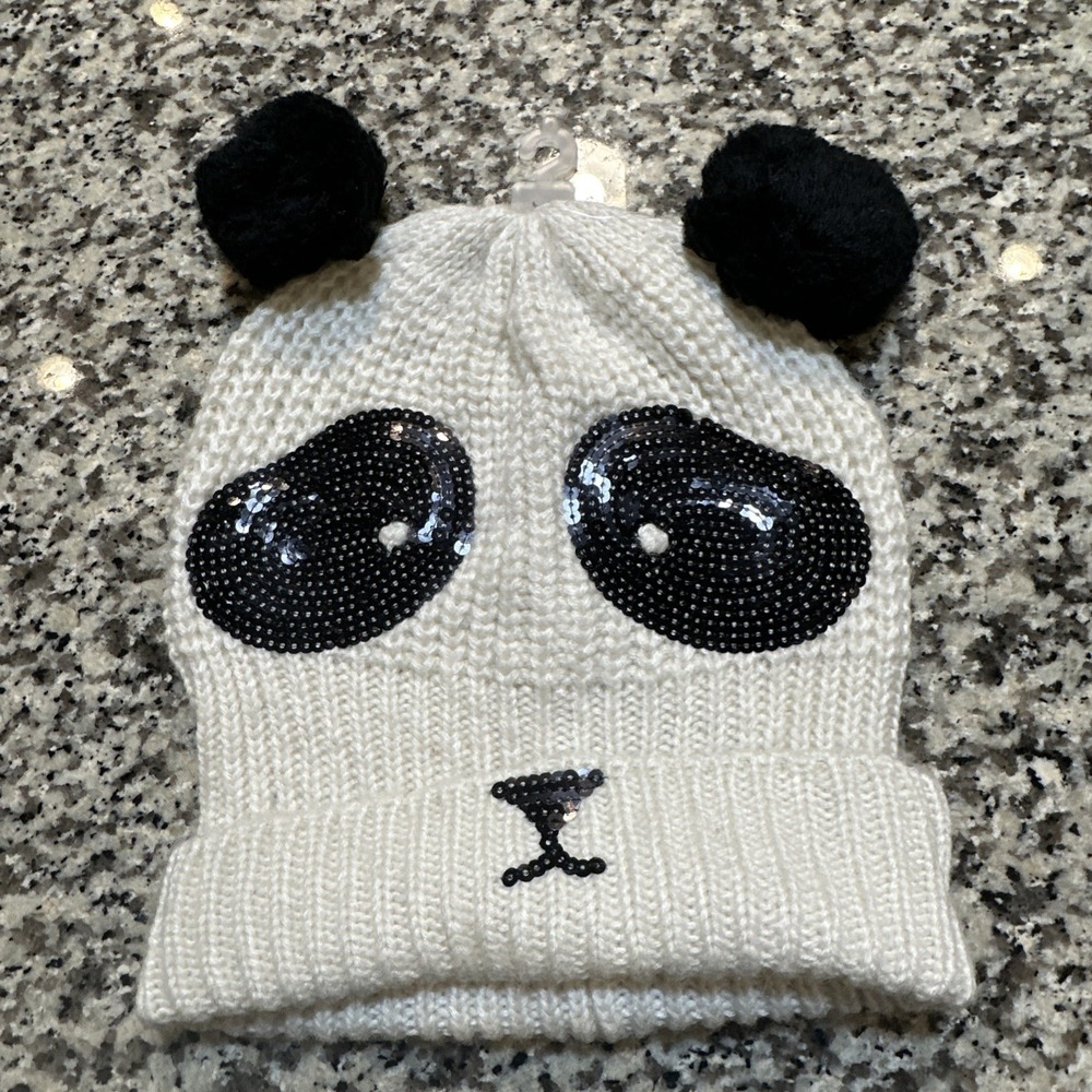 New American Eagle AE Panda Sequin Knit Hat Beanie Winter Pom Pom Cream Animal